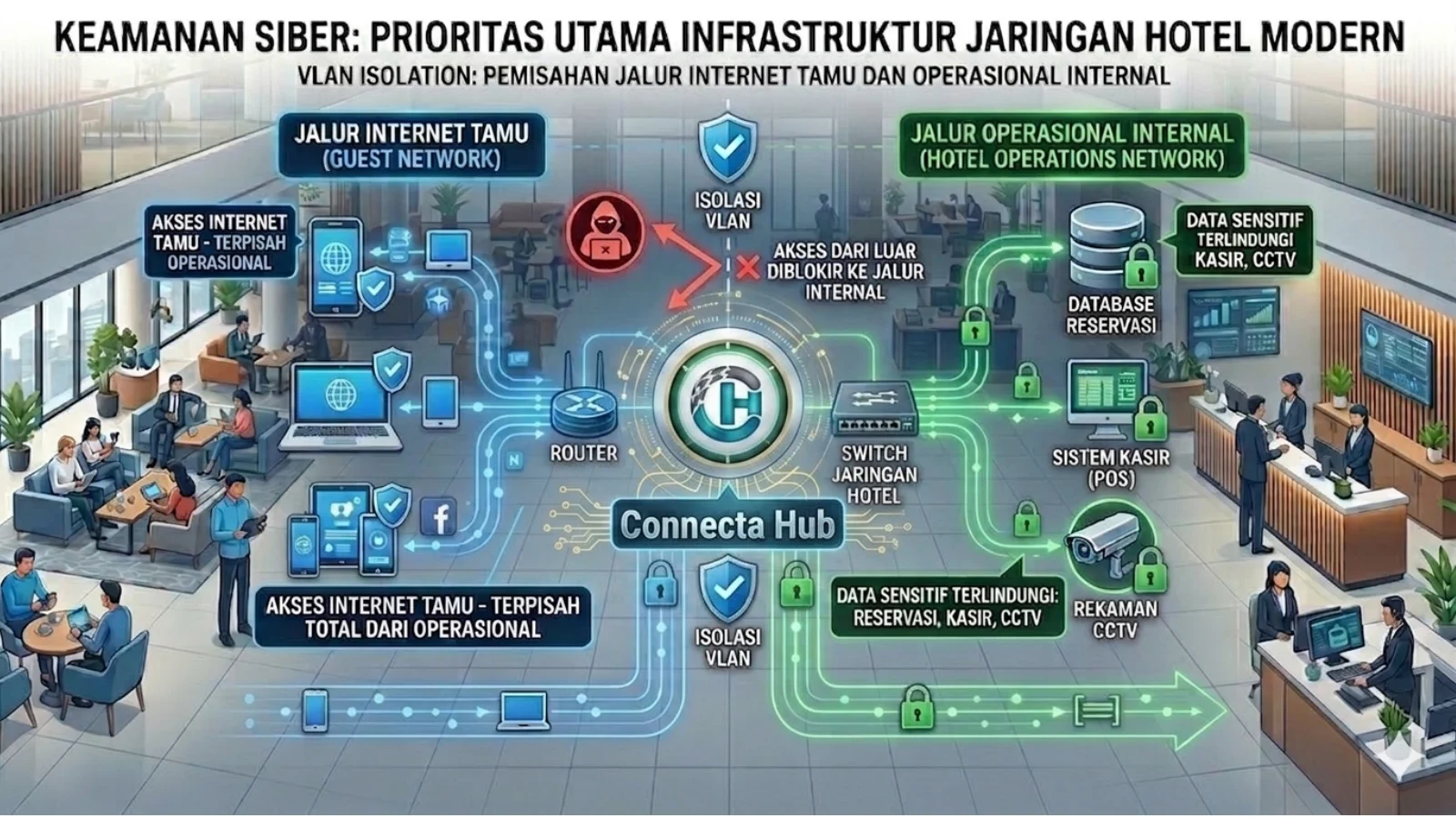Skema pemisahan jaringan VLAN antara tamu dan sistem internal hotel