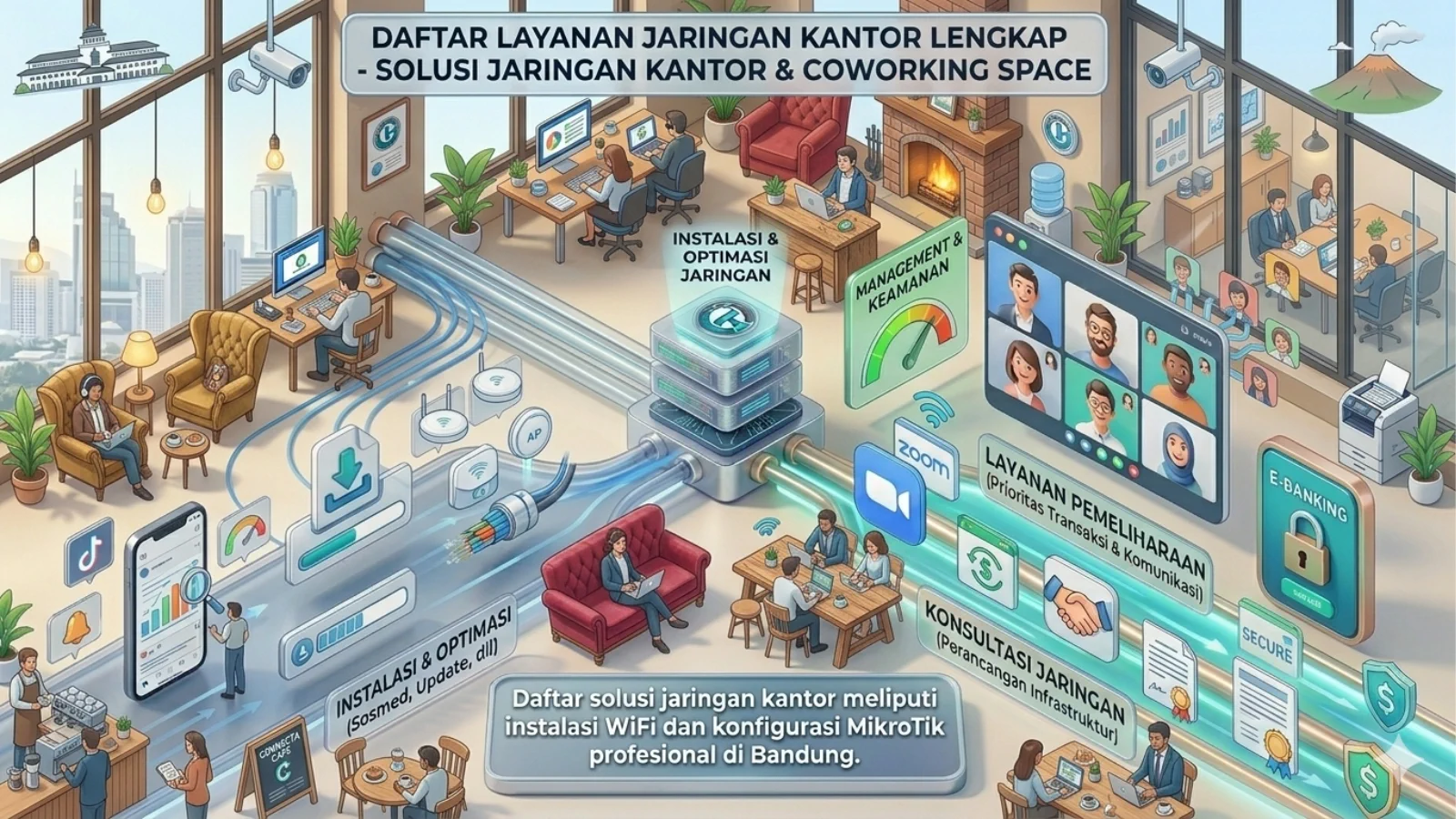 Daftar solusi jaringan kantor meliputi instalasi WiFi dan konfigurasi MikroTik profesional di Bandung