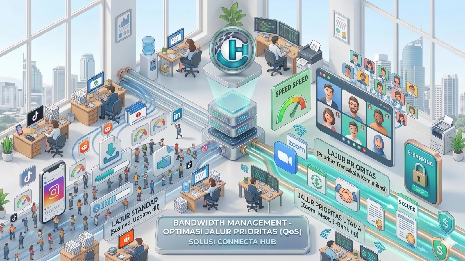 Prioritas koneksi pada jaringan kantor untuk meeting online dan transaksi finansial perusahaan