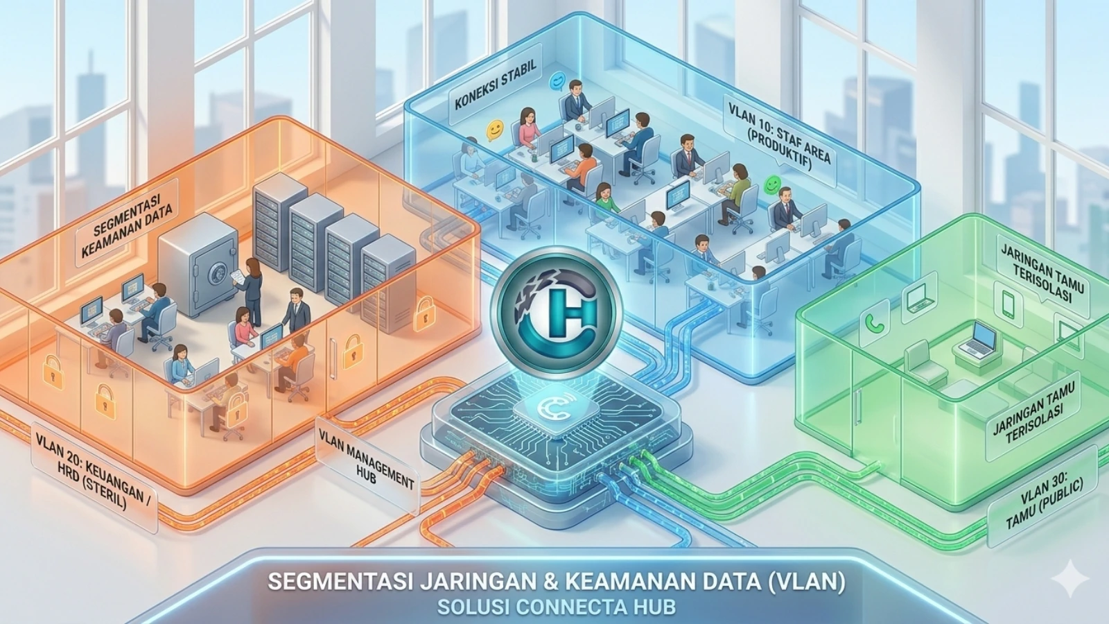 Keamanan jaringan kantor menggunakan VLAN untuk sekat data antar divisi dan tenant coworking