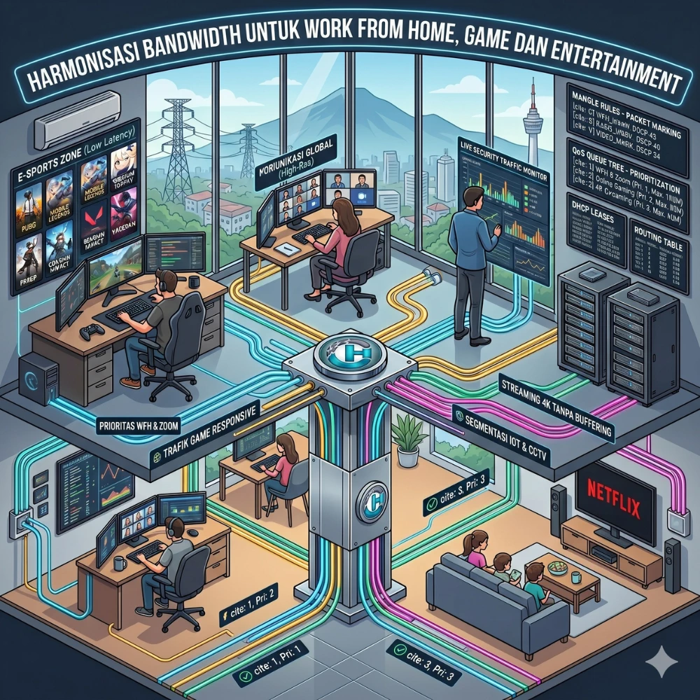 Optimasi bandwidth jaringan MikroTik untuk aktivitas WFH, streaming Netflix 4K, dan gaming tanpa lag secara bersamaan.